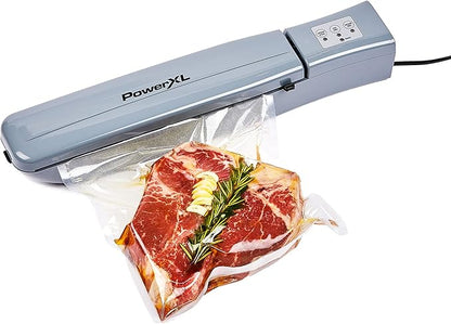 PowerXL Duo NutriSealer Food Vacuum Sealer Machine with Vacuum Seal Bags  Rolls, Double Airtight Sealing with Built-in Cutter, Small Snack Bag Capability, Safety Certified, Lab Tested, LED Indicator Lights, 11 inch (Slate)