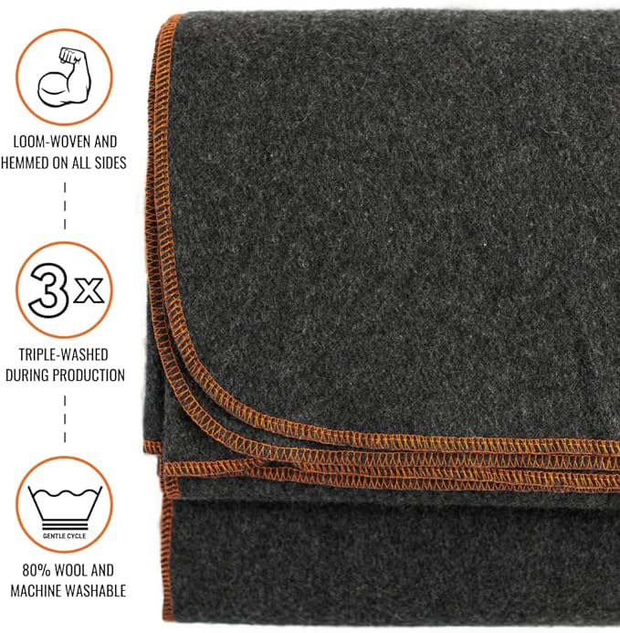 Arcturus Military Wool Blanket - Warm, Thick, Washable - Great for Outdoors, Camping, Stadium Blanket, Picnics, Travel - Car  Bushcraft Survival Kits, Large 64in x 88in 4.5 lb