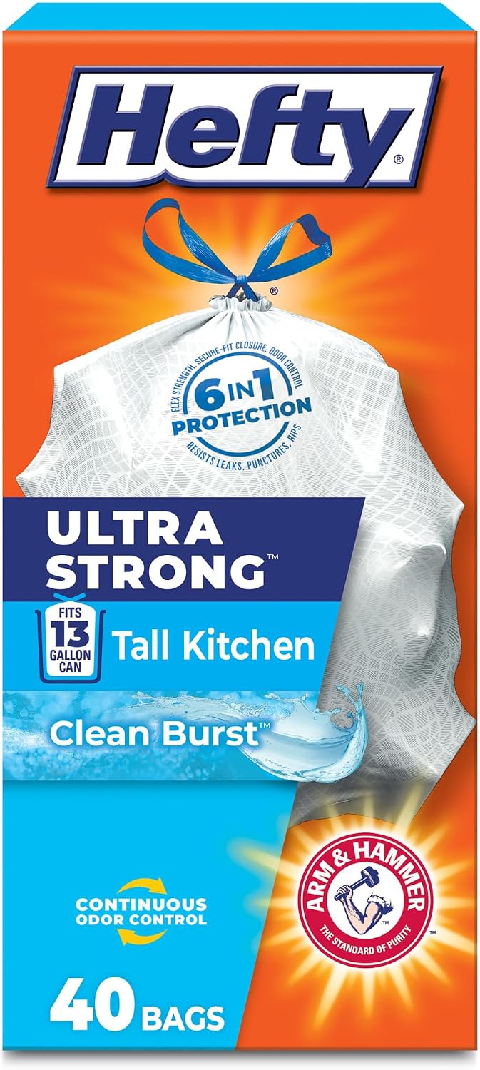 Ultra Strong 13 Gallon Trash Bags, Tall Kitchen Trash Bags 13 Gallon Size, Drawstring Closure, Continuous Odor Control, White, Clean Burst Scent, 40 Bags