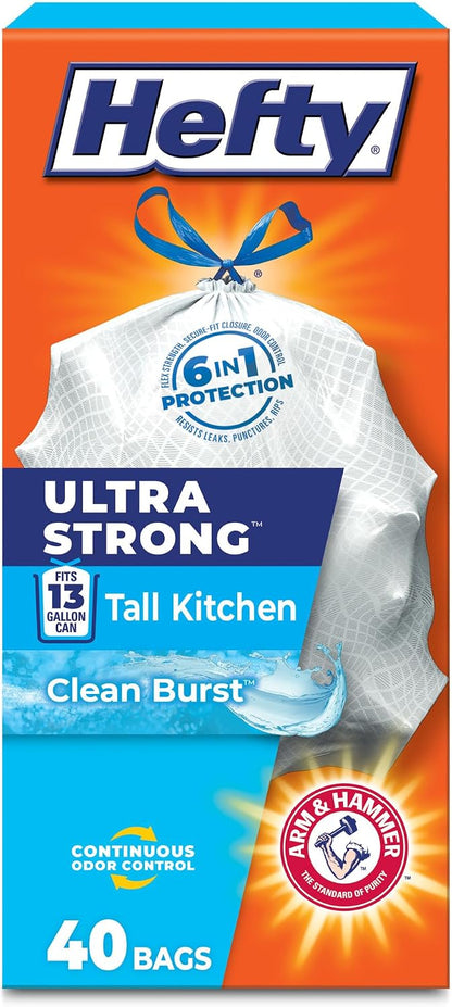 Ultra Strong 13 Gallon Trash Bags, Tall Kitchen Trash Bags 13 Gallon Size, Drawstring Closure, Continuous Odor Control, White, Clean Burst Scent, 40 Bags