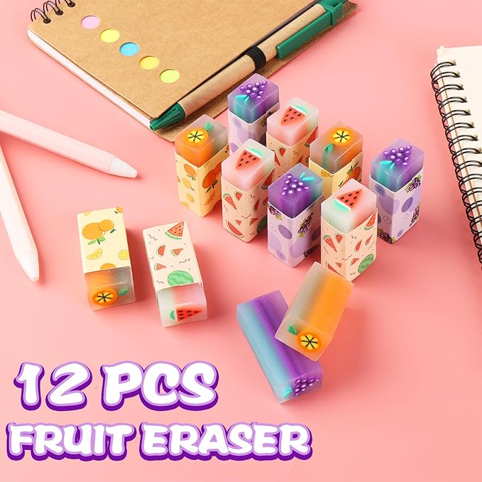 12Pcs Cute Erasers for Kids, Fun Fruit Shaped Erasers Scented Pencil Rubber Erasers Classroom Students Reward School Supplies Prize Gifts Party Favors
