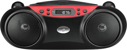 GPX BC232R Portable Top-Loading CD Boombox with AMFM Radio and 3.5mm Line in for MP3 Device - RedBlack