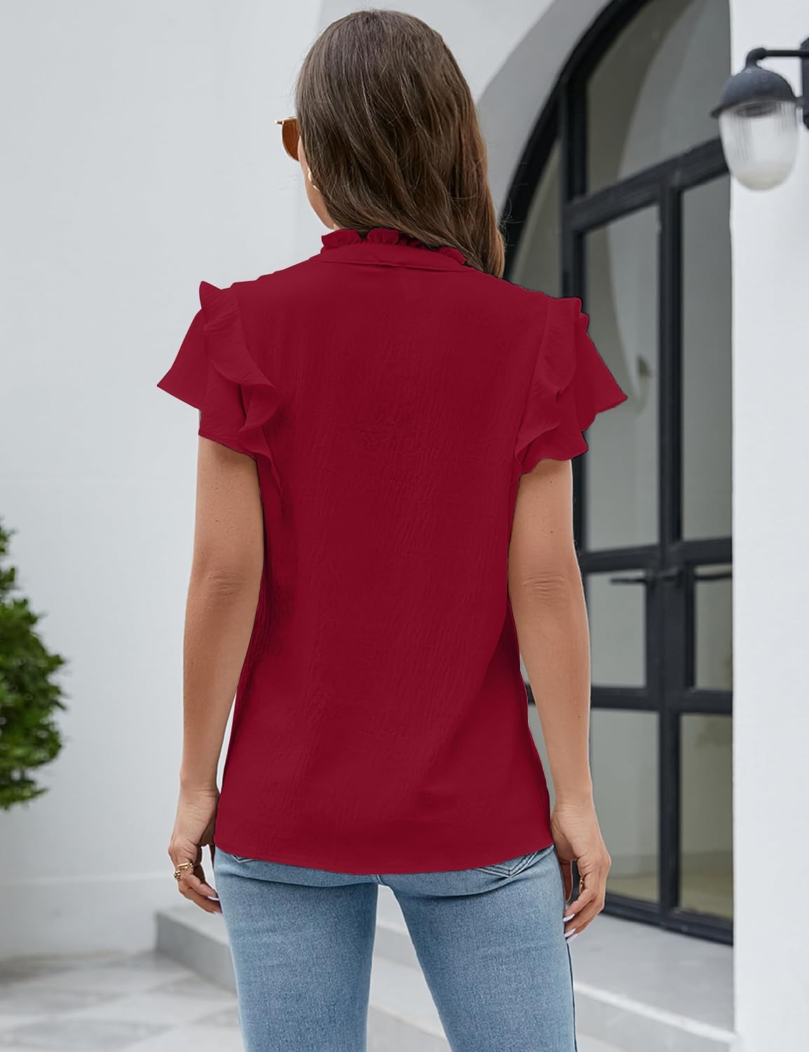 Blooming Jelly Womens Dressy Casual Tops Ruffle Short Sleeve V Neck Shirts Elegant Business Work Blouse.