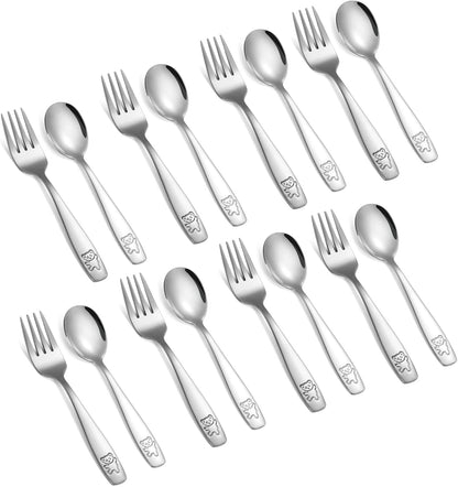 16 Pieces Toddler Utensils Kids Silverware Set, Stainless Steel Childrens Forks and Spoons, Metal Kids Safe Flatware Set, Dishwasher Safe