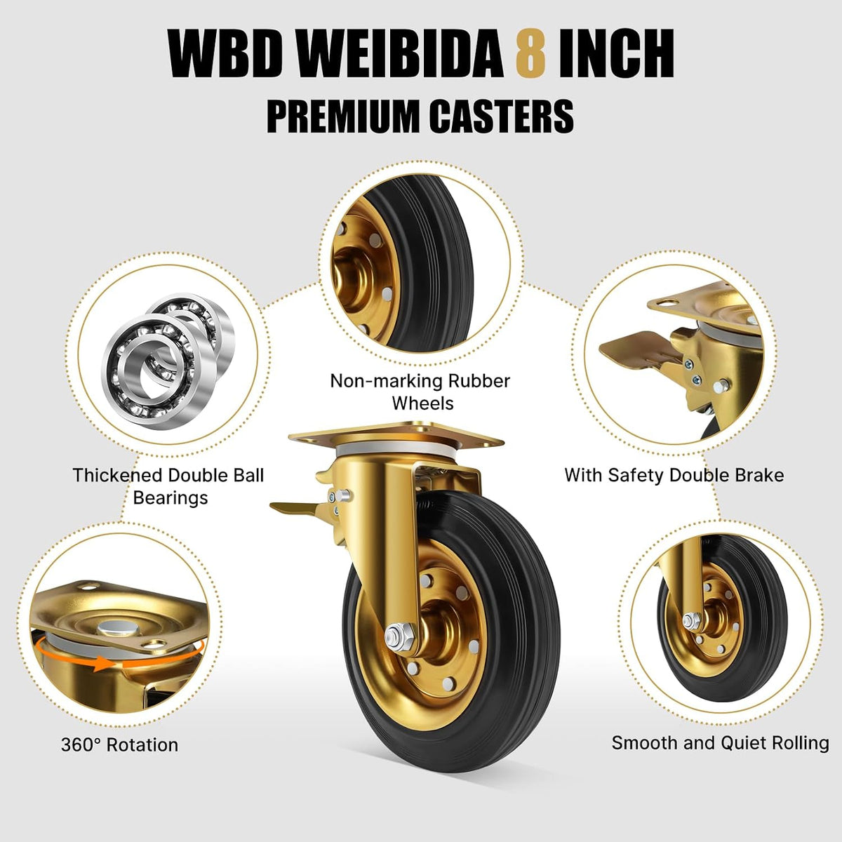 WBD WEIBIDA 8 in Heavy Duty Plate Casters Set of 4, 3200 Lbs Industrial Rubber Wheels for Cart Furniture and Workbench,Outdoor Castors Dual Locking Replacement (4 Brakes, Free Spanner)