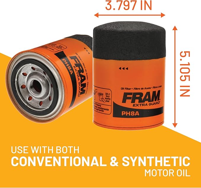 FRAM Extra Guard PH8A, 10K Mile Change Automotive Replacement Interval Spin-On Engine Oil Filter for Select Vehicle Models