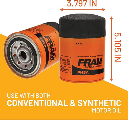 FRAM Extra Guard PH8A, 10K Mile Change Automotive Replacement Interval Spin-On Engine Oil Filter for Select Vehicle Models