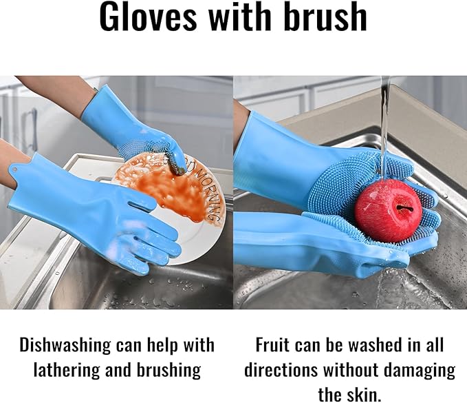 Silicone Dishwashing Gloves, Kitchen Gloves for Washing Dishes Reusable Waterproof Dishwashing with Cleaning Brush