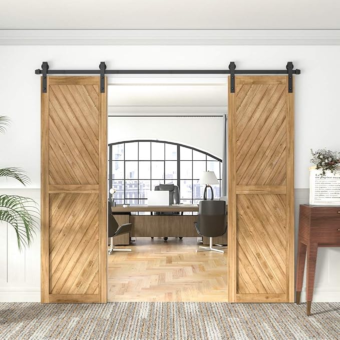 WINSOON 7.5FT Barn Door Hardware Kit: Double Sliding Door Hardware - Black Barn Door Track Kit - Carbon Steel Heavy Duty Door Rail - J-Shape Easy to Install for 45" Closet Panel(No Door)