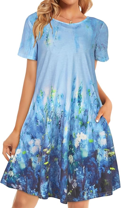 Womens Summer Dresses Beach Casual Loose Tshirt Floral Short Sleeve Flowy Pockets Sundresses