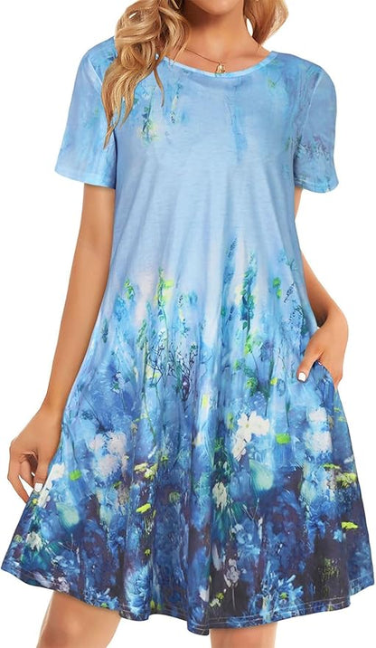 Womens Summer Dresses Beach Casual Loose Tshirt Floral Short Sleeve Flowy Pockets Sundresses