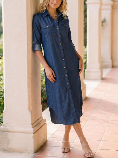 Kuraki denim maxi dress with button-front, slim fit, soft fabric, versatile style, wardrobe essential.