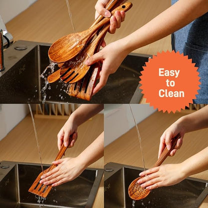 Kitchen Premium Teak Wooden Slotted Spatula-Long Handle, Flat Frying, Non-Stick Safe, Handmade, Multipurpose,Wooden Turner, Wooden Spatula for Cooking  Gifting