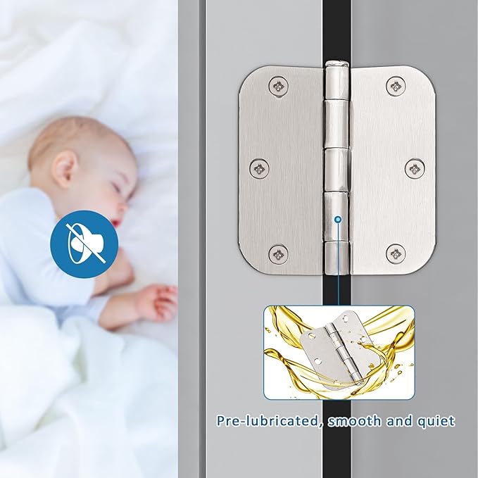KNOBWELL 6 Pack 3.5 inch Brushed Nickel Door Hinges Interior Door Hinges Rounded for ExteriorInterior Heavy Duty Satin Nickel Door Hardware
