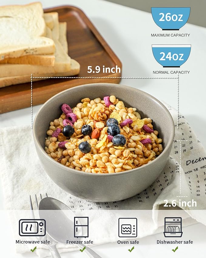 Soup Bowls Set of 6, 24 oz Cereal Bowls for Kitchen, Ceramic Bowls Set for Pasta, Ramen, Oatmeal, Dessert, Stoneware Bowls Set for Gift, Dishwasher Microwave Oven Safe, Matte Gray