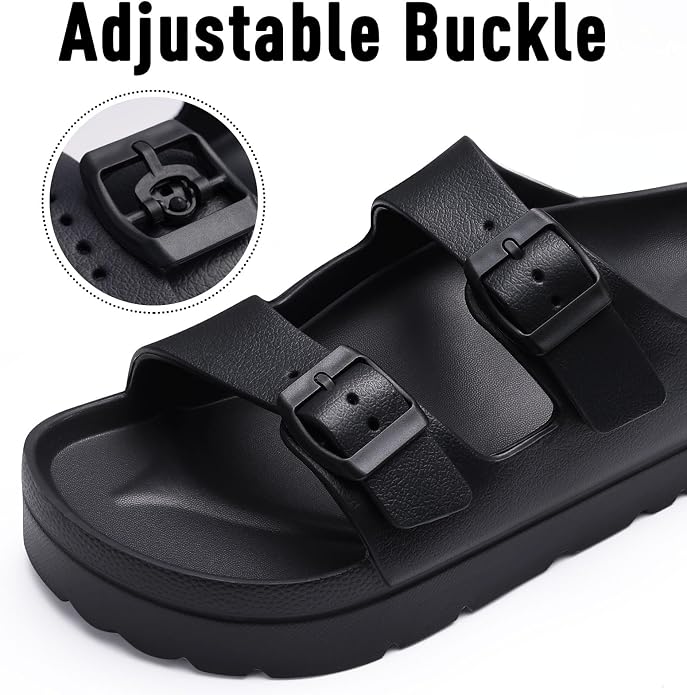 Platform sandals with arch support, cushioned sole, and adjustable straps for a comfortable, versatile summer look.