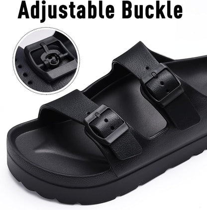 Platform sandals with arch support, cushioned sole, and adjustable straps for a comfortable, versatile summer look.