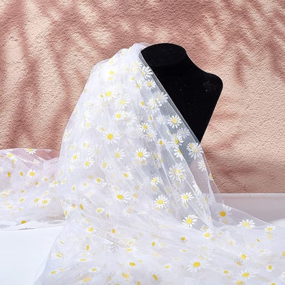 BENECREAT 4 Yard Daisy Flower Print Fabric, White Tulle Lace Ribbon for Wedding Dress Skirt DIY Sewing Decorations Craft Supplies