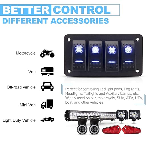 BUNKER INDUST 4 Gang Rocker Switch Aluminum Panel with Blue LED Light Waterproof 5 Pin On Off Toggle Switches for 12V24V Marine Boat RV Truck Car ATVs