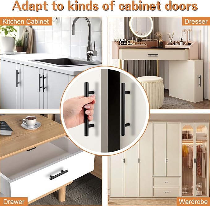 Probrico 10 Pack5 Inch Hole Centers Solid Cabinet Pulls Stainless Steel Round T Bar Cabinet Handles Black Drawer Pulls, Kitchen Cabinet Hardware for Cupboard Wardrobe Drawer Closet Nightstand