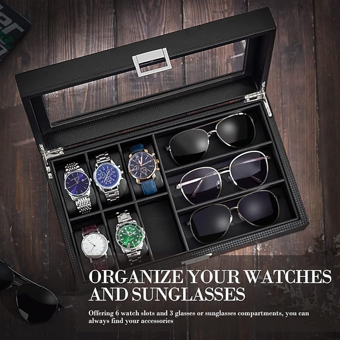 BEWISHOME Watch Box Sunglass Organizer with Real Glass Top, 6 Watch Case and 3 Slots Sunglasses Box for Men, Carbon Fiber Design, Black SSH18C