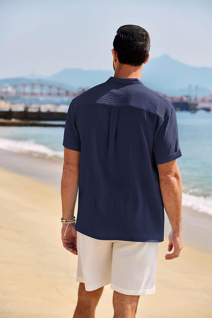 COOFANDY Men's Casual Henley Shirt Band Collar Short Sleeve Shirt Summer Beach Hippie T-Shirt