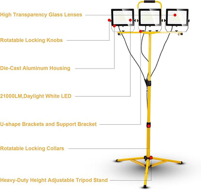 30000 Lumen Work Lights with Stand, 300W Three Head LED Work Light, Waterproof Lamp with Individual Switch, Adjustable Metal Telescoping Tripod
