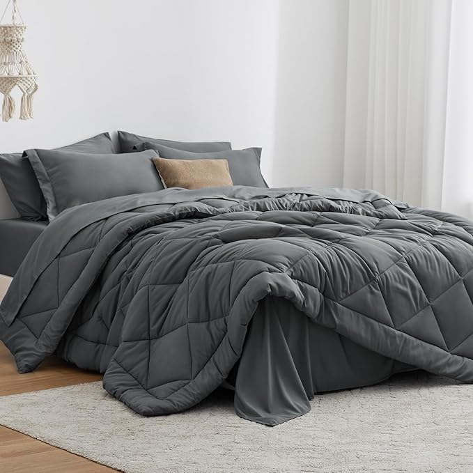 Love's cabin California King Comforter Set Dark Grey, 7 Pieces California King Bed in a Bag, All Season Bedding Sets with 1 Comforter, 1 Flat Sheet, 1 Fitted Sheet, 2 Pillowcase and 2 Pillow Sham