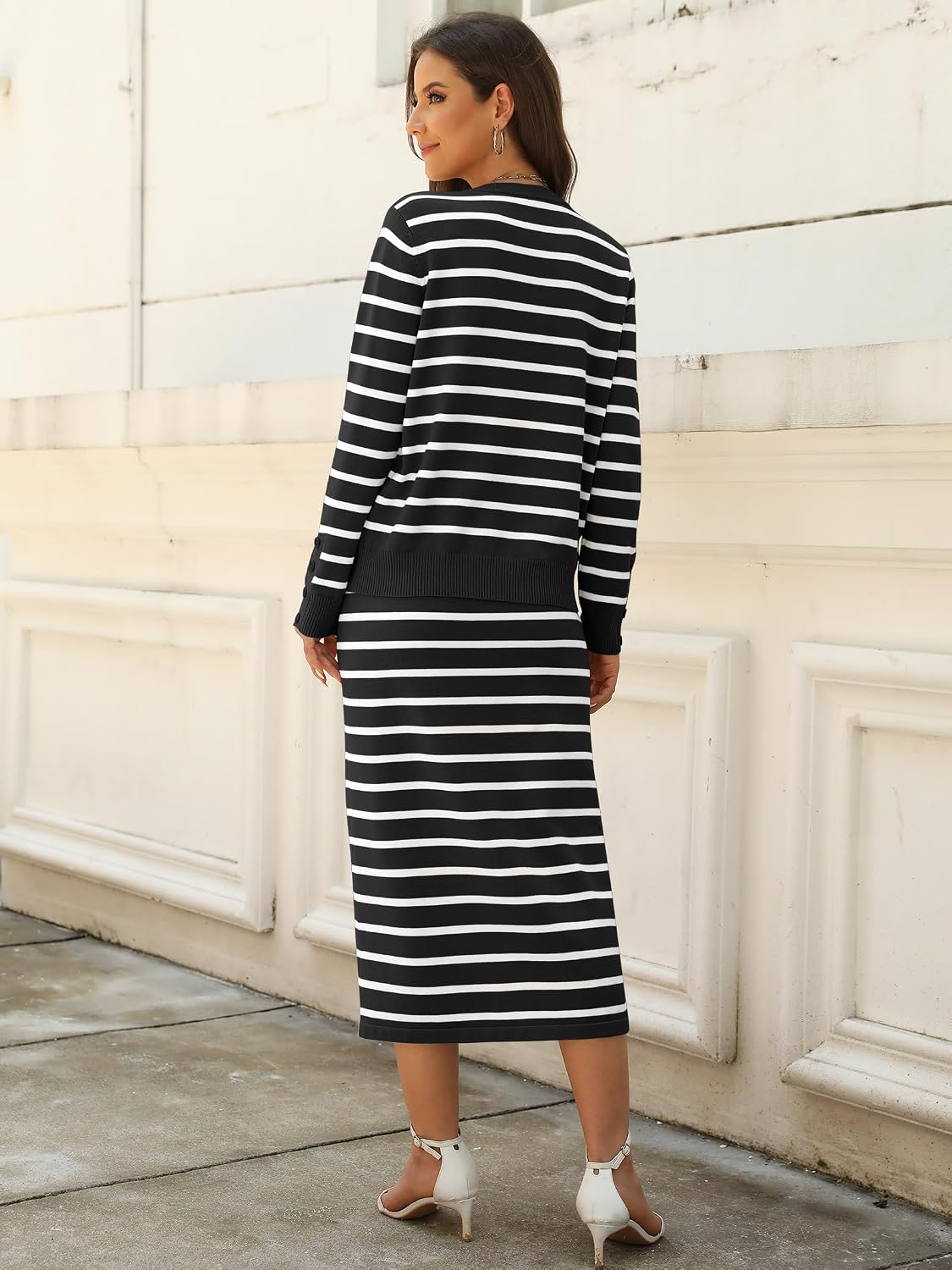ANRABESS Women 2 Piece Striped Sweater Skirt Set | Cozy Knit Matching Outfit, Crew Neck Long Sleeve Top, Midi Pencil Skirt, Fall Winter Clothes for Work, Casual Outing, Travel