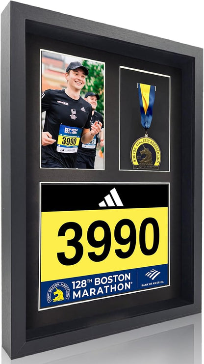3-in-1 Shadow Box Display with Real Glass (Medal, Race Bibs, and Photo Display) – Marathon Medal Display and Frame, Triathlon & Running Bib Holder, Wall-Mounted, Real Tempered Glass - Black