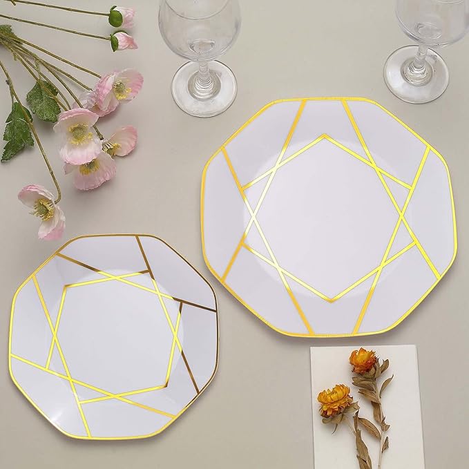 Efavormart 10 Pack | 8" White/Gold Geometric Design Plastic Dessert Plates, Disposable Octagon Salad/Appetizer Party Plates