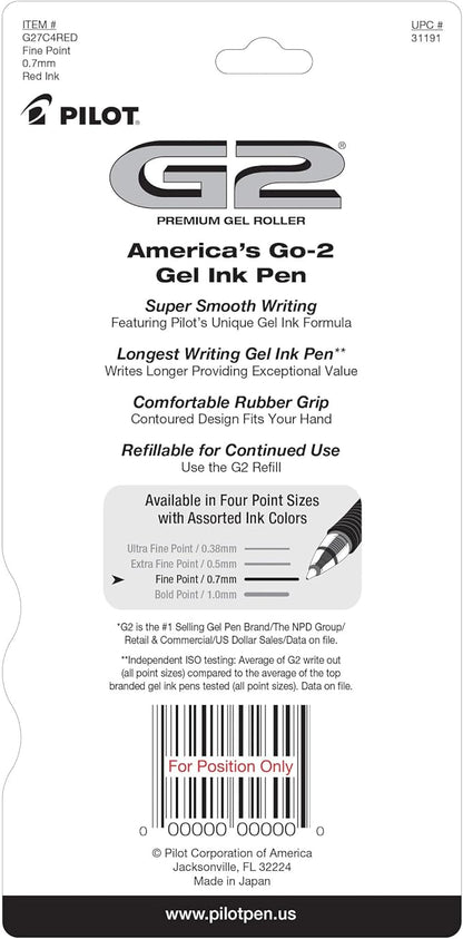 Pilot, G2 Premium Gel Roller Pens, Fine Point 0.7 mm, Red, Pack of 4 Amazon's Choice