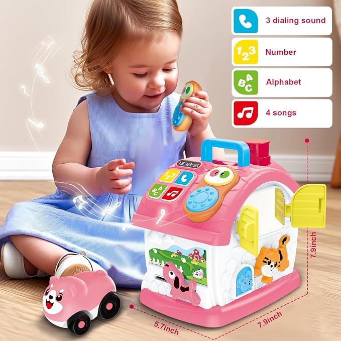 Montessori Toy for 1 Year Old Girl Gifts, Bilingual Musical Learning House | Educational Toddler Toy with Play Phone, Mirror, Piano and Activities for Interactive Play, One Year Old Girl Birthday Gifts