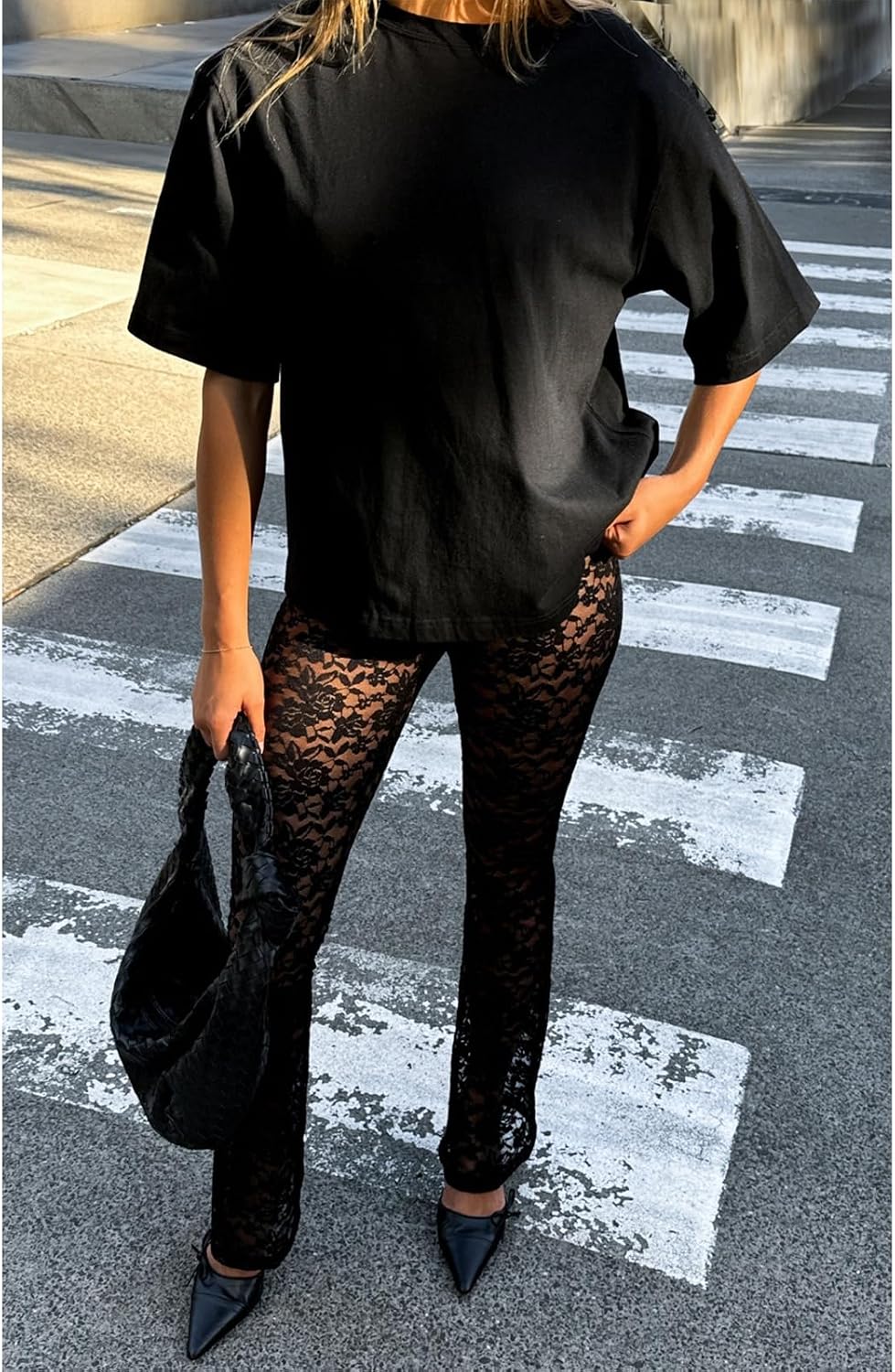 Lace Flare Pants for Women - Sexy See Through Mid-Waist Bell Bottom Leggings Trousers Party Clubwear