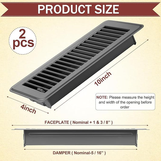4 x 10'' Floor Vent Covers Heavy Duty Floor Register Metal Heat Vent Covers with Rust Proof Finish for Home Heater (Gray,2 Pcs)