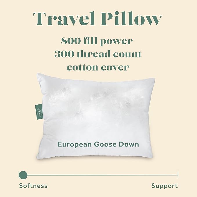 Goose Down Travel Pillow - Filled with 800 Fill Power European Goose Down, Egyptian 300 Thread Count 100 Cotton Cover for Plane car  Home - Made in USA (12x16)