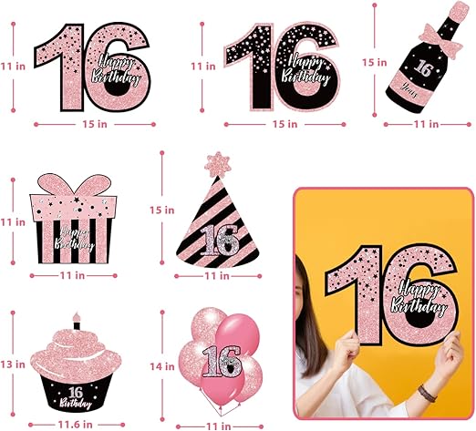 Sweet 16 Birthday Decorations - 7 Pcs Black & Pink Sweet 16 Yard Signs with Stakes, 2 Pcs LED Lights, Sparkling at Night, Weatherproof, Perfect Outdoor Lawn Decorations