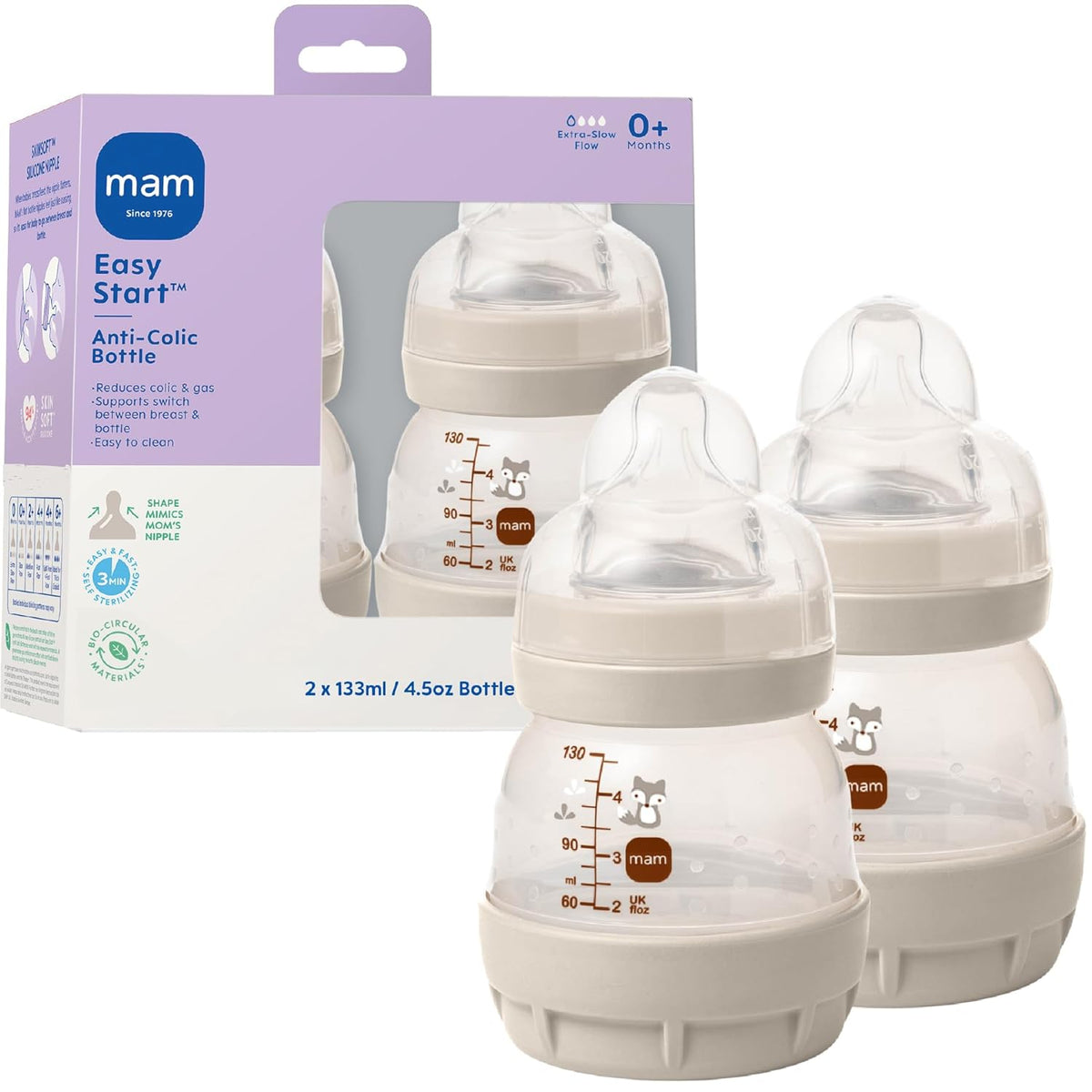 4.5oz Easy Start Anti-Colic Wide Neck Vented Baby Bottle, Extra Slow Flow Breastfeeding-Like Silicone Nipple, Reduces Colic, Gas & Reflux, Easy to Clean, BPA Free, 0+ Months, Made in Europe