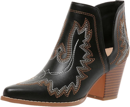 SelRoys Cowboy Boots for Women Cowgirl Ankle Western Embroidered Stitched Pointed Toe Cutout Chunky Heels Short Booties Red Brown Black US5-11