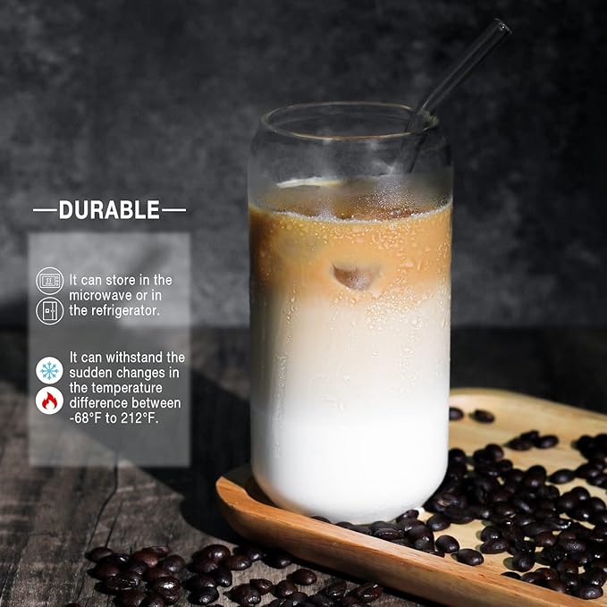 1 Pack Glass Cup, 16oz Drinking Glass with Bamboo Lid and Straw, Beer Tumbler for Mojito Soda Smoothies Whiskey Iced Coffee Cocktail Tea Juice