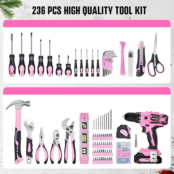 populo Pink Tool Kit 236-Piece with Cordless 20V 2000mAh Power Drill Driver, Lady's Basic Home Tool Set with 12-Inch Pink Tool Bag, Electric Drill Sets Combo Kit for Women, House, DIY