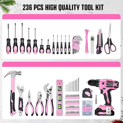 populo Pink Tool Kit 236-Piece with Cordless 20V 2000mAh Power Drill Driver, Lady's Basic Home Tool Set with 12-Inch Pink Tool Bag, Electric Drill Sets Combo Kit for Women, House, DIY