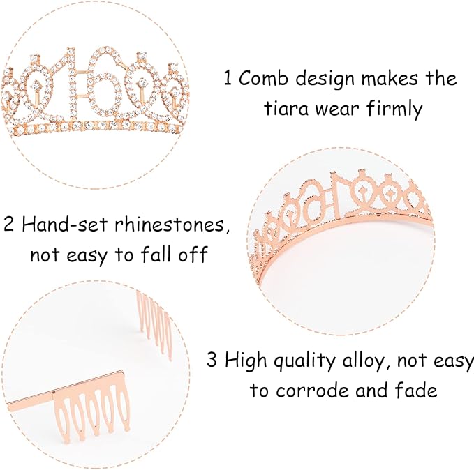 16th Birthday Crown and Sash Kit- "Sweet 16"Birthday Decorations 16th Birthday Party Gifts Birthday Party Supplies for Girls (rose gold)