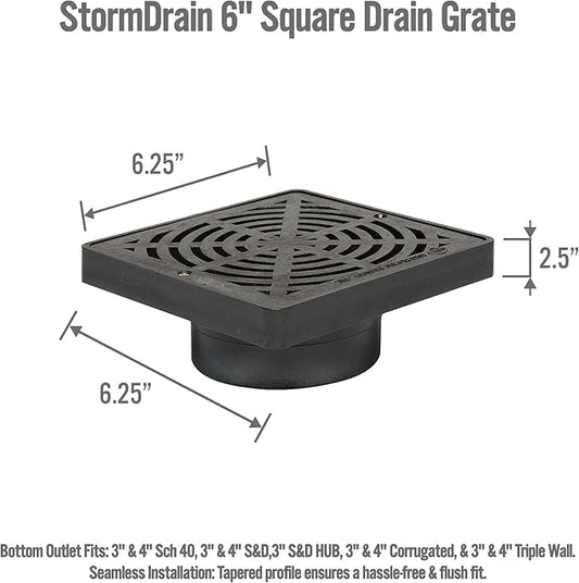 StormDrain 6" Square Bottom Outlet Drain Grate and Adapter Basin with Removable Grate Cover Fits 3" and 4" Drain Pipe - Superior Strength and Durability, Black
