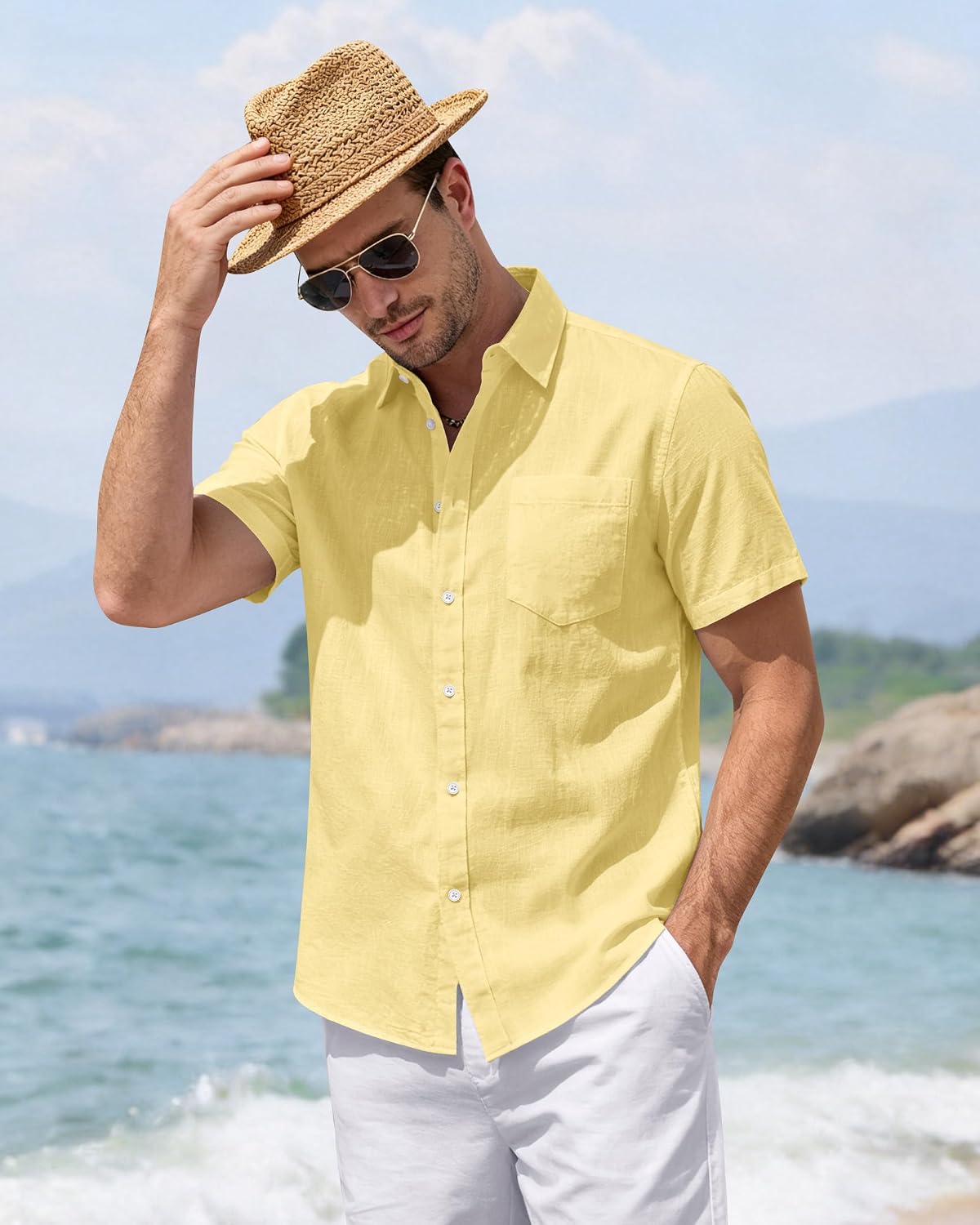 J.VER Men's Linen Short Sleeve Shirts Cotton Casual Lightweight Button Down Shirt Beach Vacation Summer Tops with Pocket