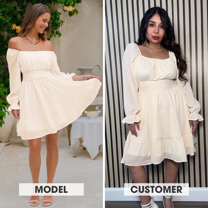 Yellow, Size Small EXLURA Women's 2026 Casual Long Lantern Sleeve Dresses Square Neck Ruffle Tie Back Elastic Waist Aline Short Mini Dress