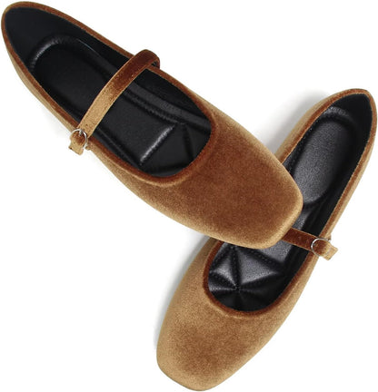 Mary Jane Square Toe Black Ballet Flats for Women Comfortable Ankle Strap Casual Slip On Flats