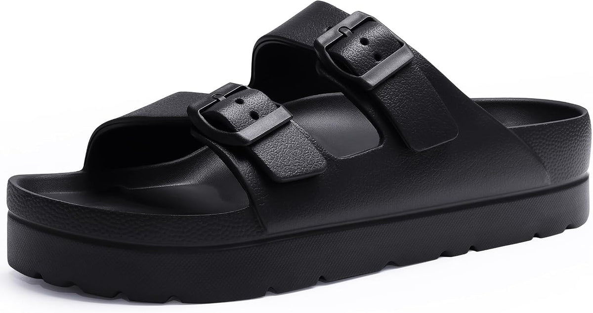 Platform sandals with arch support, cushioned sole, and adjustable straps for a comfortable, versatile summer look.