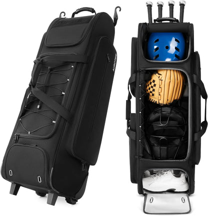 AUROTIER Large Rolling Baseball Catchers Gear Bag with Wheels, Wheeled Softball Bag for 4 Bats with Fence Hooks Waterproof Pocket Shoe Compartment for T-Ball Adult, Baseball Equipment Duffle Bag