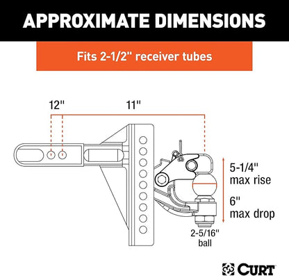 CURT 45908 Adjustable Pintle Hitch Combination, 2-12-Inch Receiver, 6-Inch Drop, 2-516-Inch Ball, 20,000 lbs